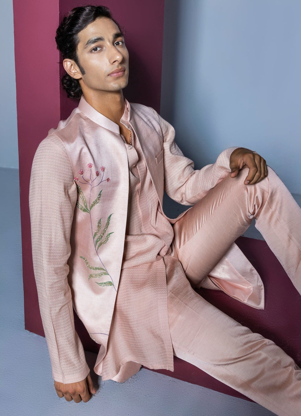 Blush Pink Painted Shrug Set With Pant Contrast By Parth - Fabilicious Fashion