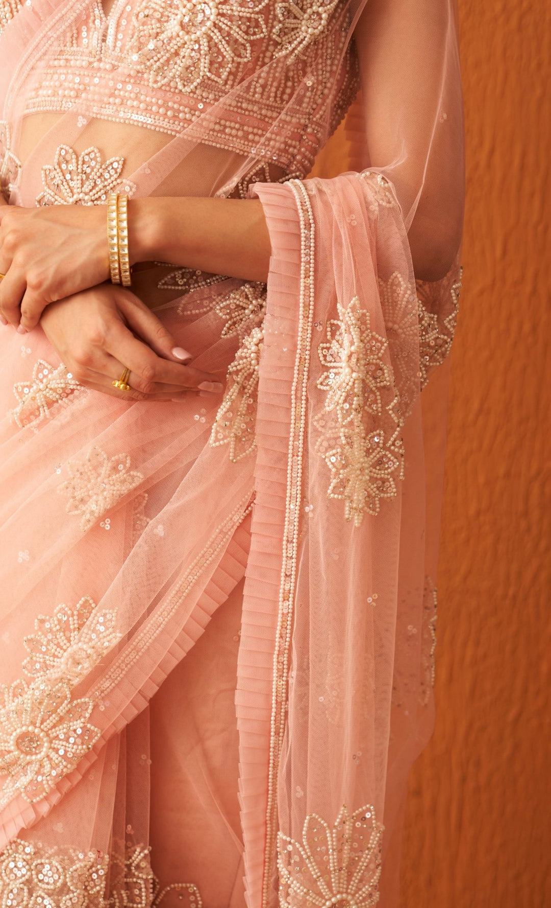 Blush Pink Pearl Embellished Net Saree With Blouse Angad Singh - Fabilicious Fashion