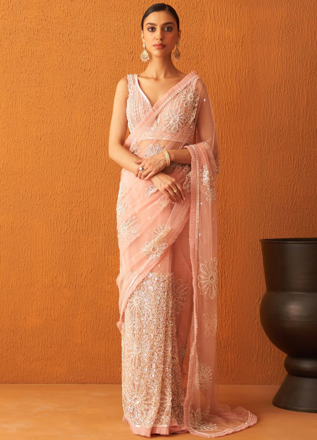 Blush Pink Pearl Embellished Net Saree With Blouse Angad Singh - Fabilicious Fashion