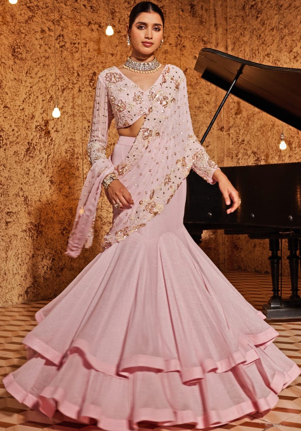 Blush Pink Pre Drape Saree Set Nidhika Shekhar - Fabilicious Fashion
