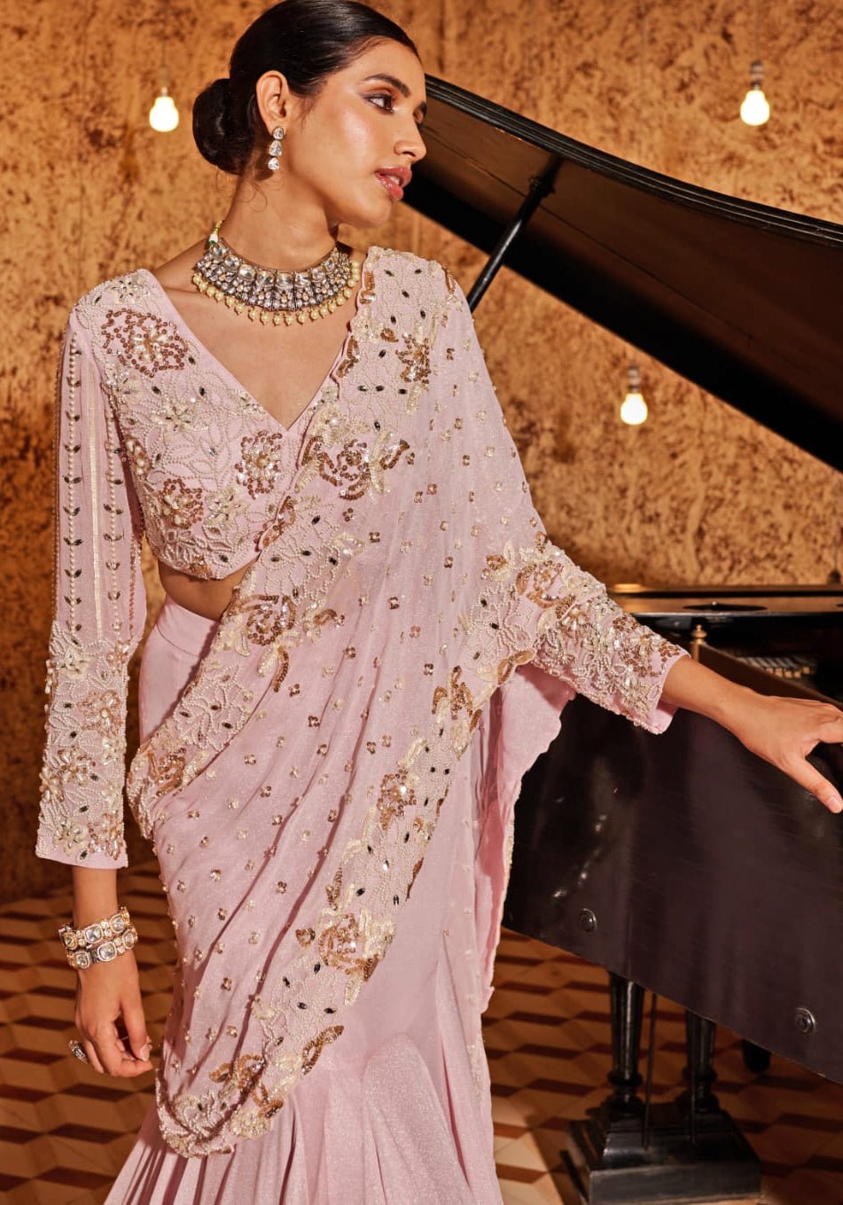 Blush Pink Pre Drape Saree Set Nidhika Shekhar - Fabilicious Fashion