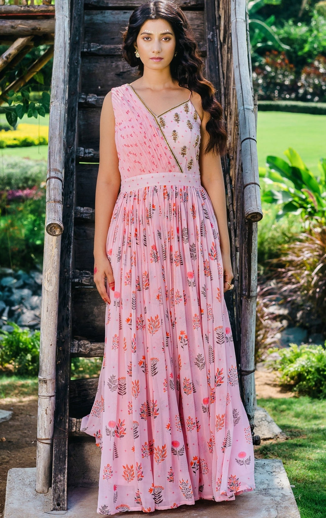 Blush Pink Printed Georgette Gown Redpine - Fabilicious Fashion