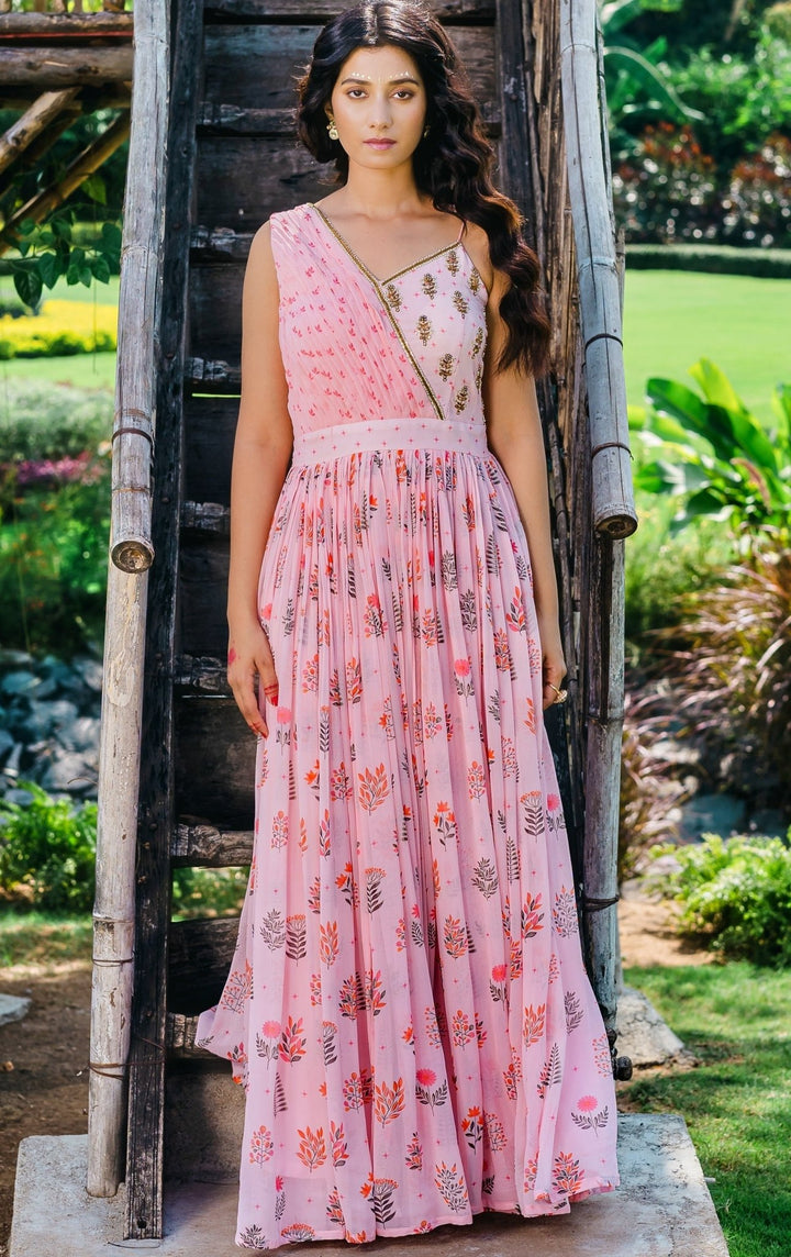 Blush Pink Printed Georgette Gown Redpine - Fabilicious Fashion