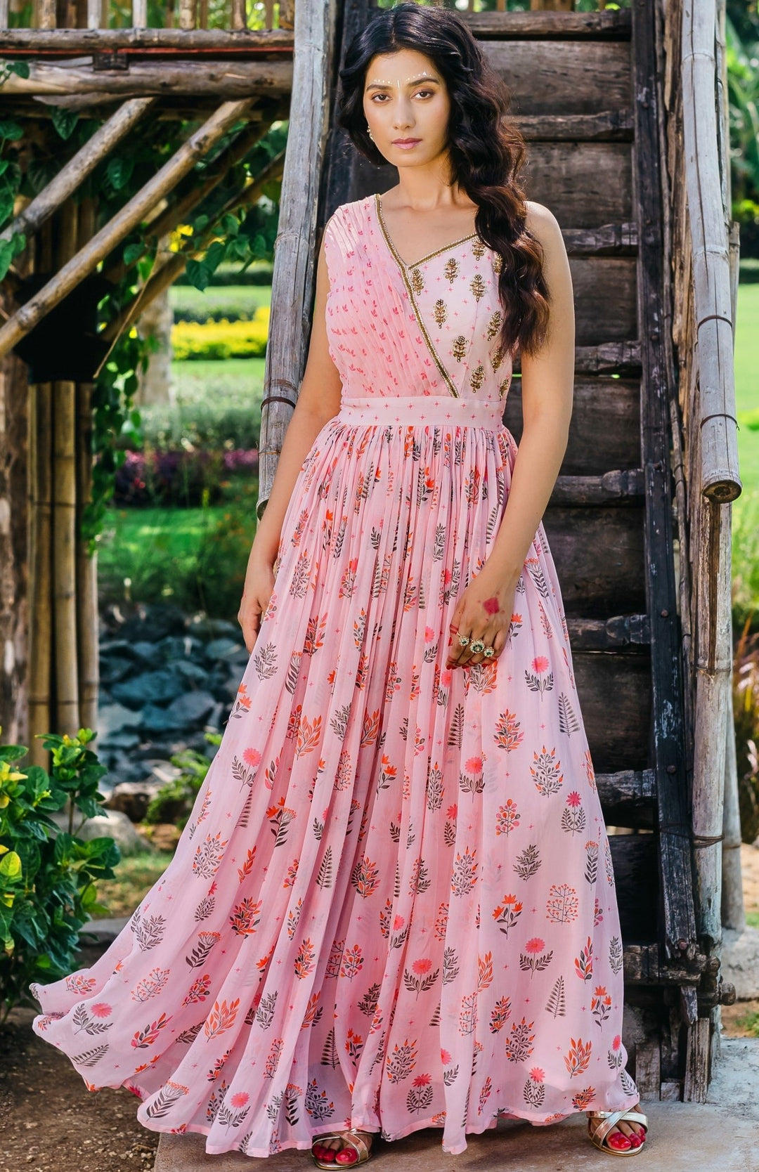Blush Pink Printed Georgette Gown Redpine - Fabilicious Fashion