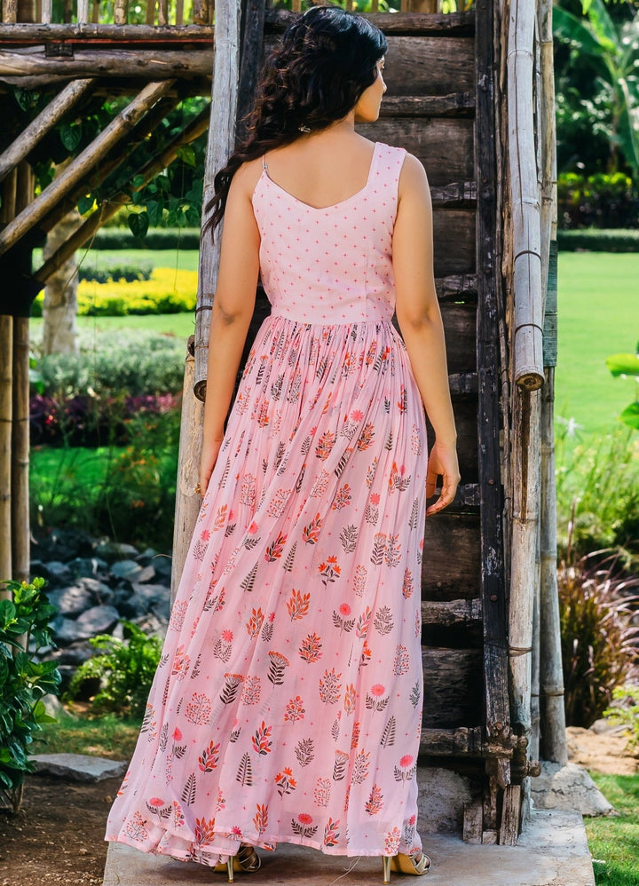 Blush Pink Printed Georgette Gown Redpine - Fabilicious Fashion