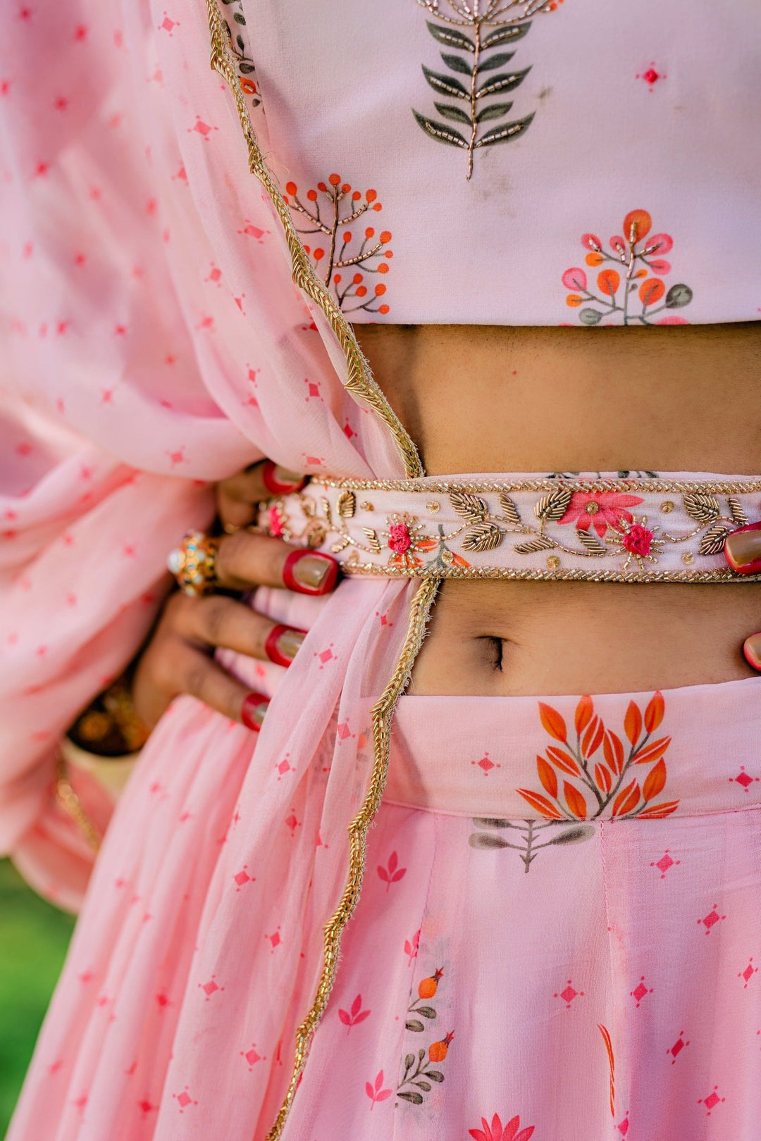 Blush Pink Printed Lehenga With Embellished Dupatta and Belt Redpine - Fabilicious Fashion
