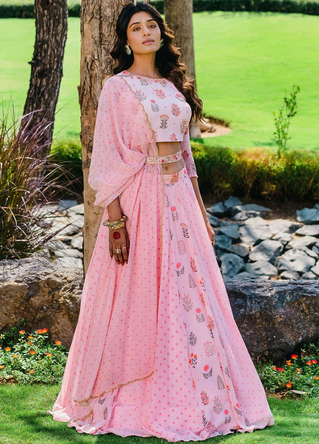 Blush Pink Printed Lehenga With Embellished Dupatta and Belt Redpine - Fabilicious Fashion