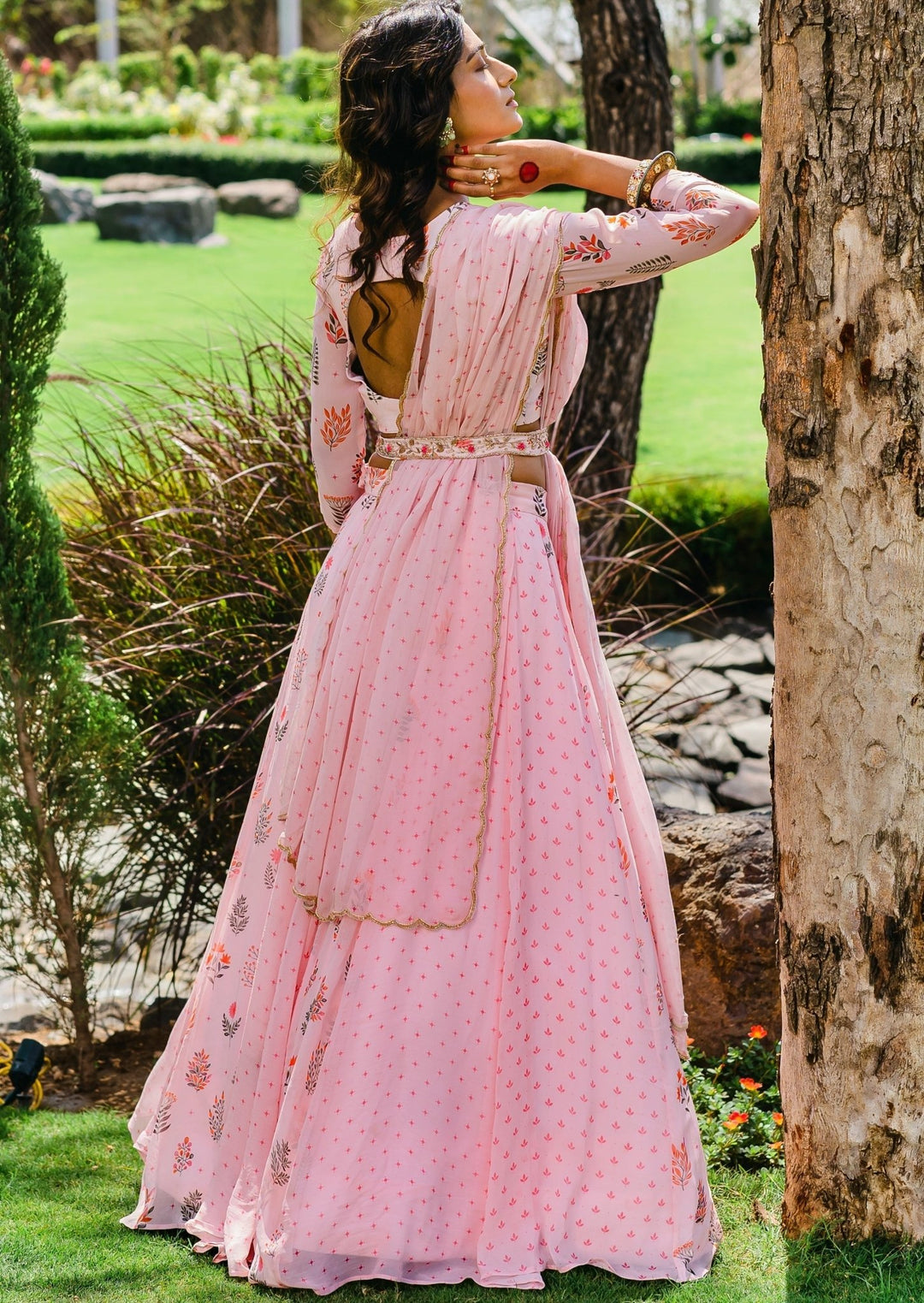 Blush Pink Printed Lehenga With Embellished Dupatta and Belt Redpine - Fabilicious Fashion