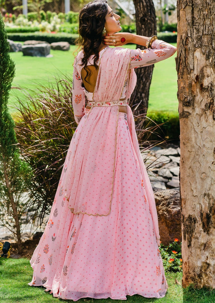 Blush Pink Printed Lehenga With Embellished Dupatta and Belt Redpine - Fabilicious Fashion