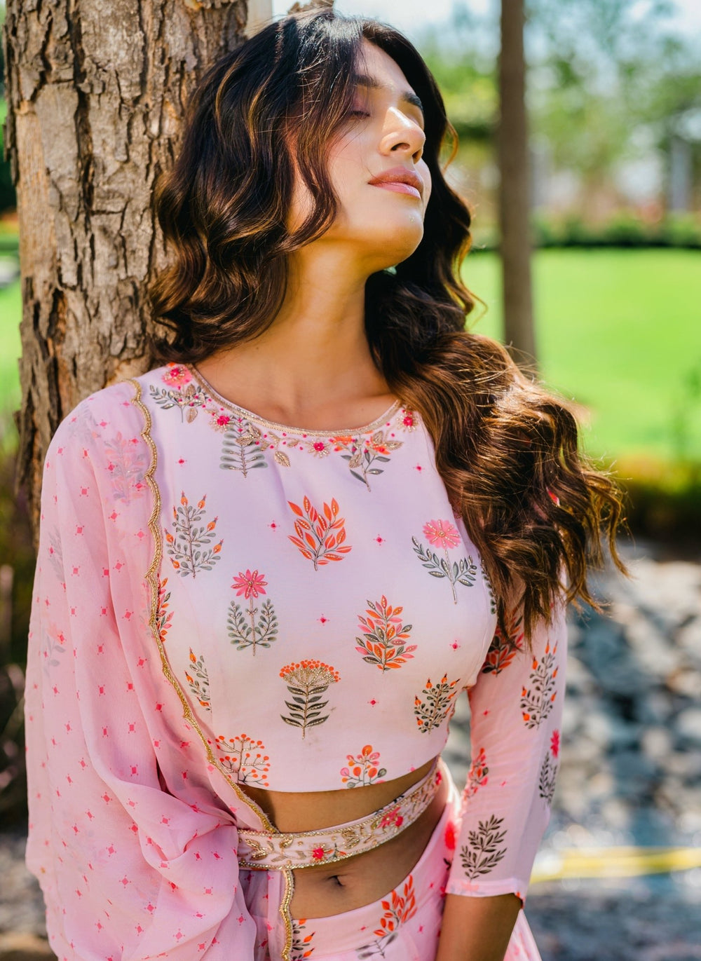 Blush Pink Printed Lehenga With Embellished Dupatta and Belt Redpine - Fabilicious Fashion