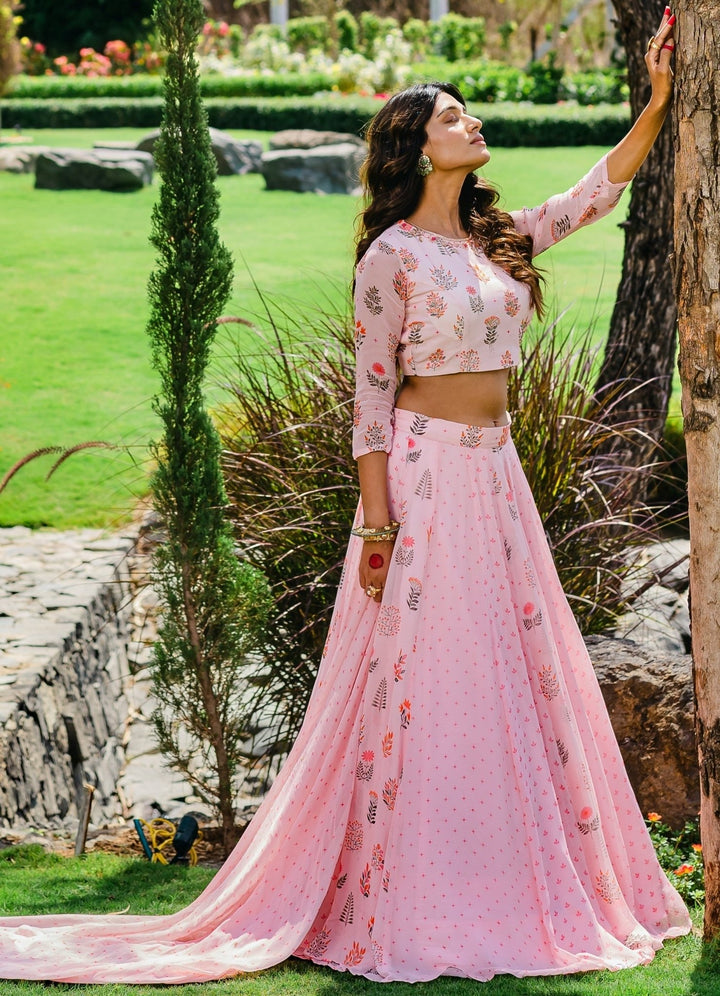 Blush Pink Printed Lehenga With Embellished Dupatta and Belt Redpine - Fabilicious Fashion