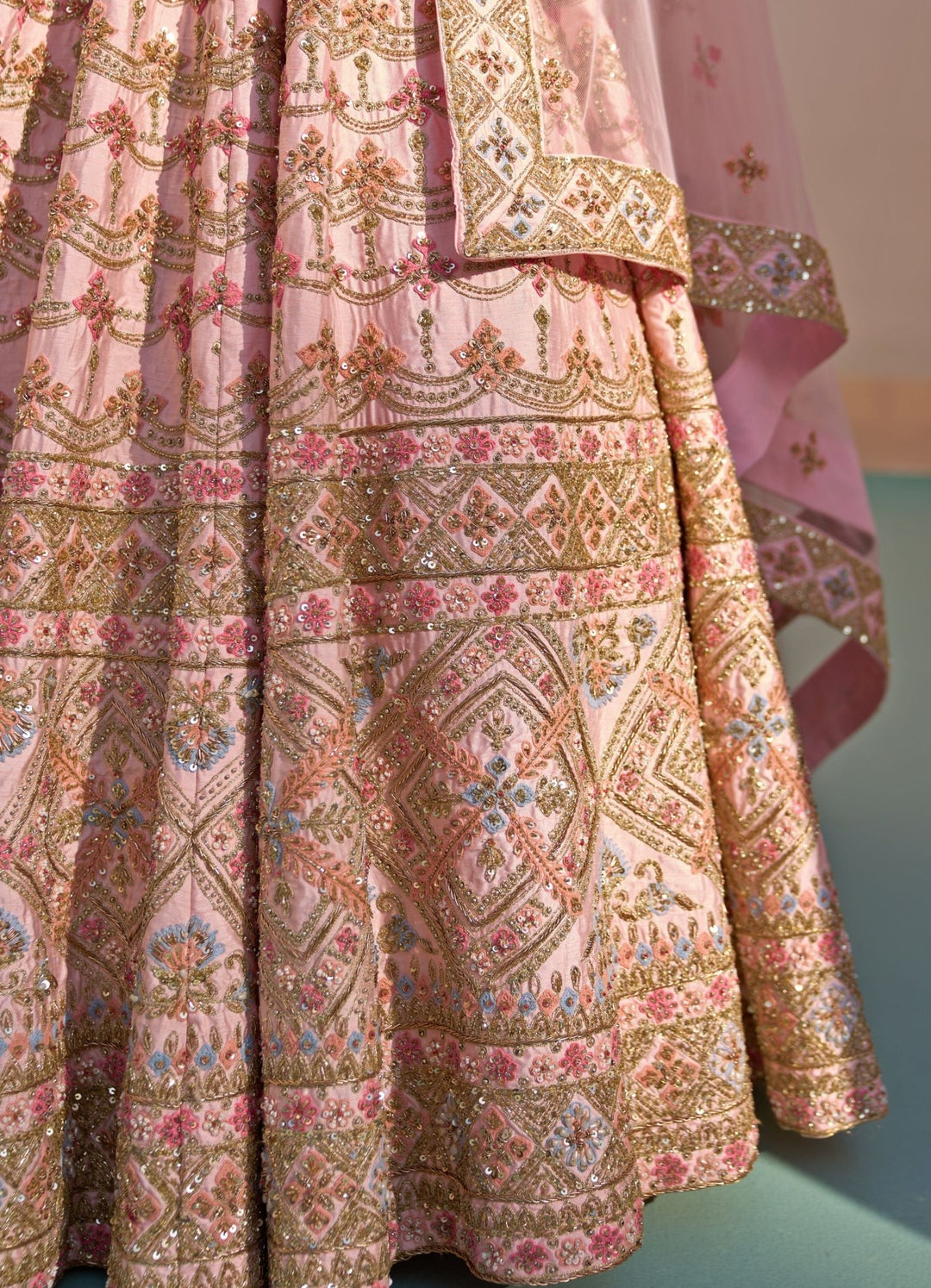 Blush Pink raw Silk Ornate Double Dupatta Lehenga Set Angad Singh - Fabilicious Fashion