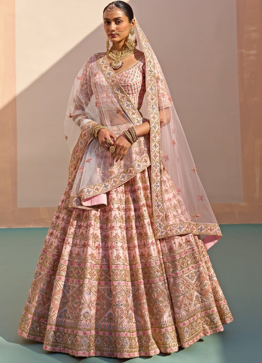 Blush Pink raw Silk Ornate Double Dupatta Lehenga Set Angad Singh - Fabilicious Fashion