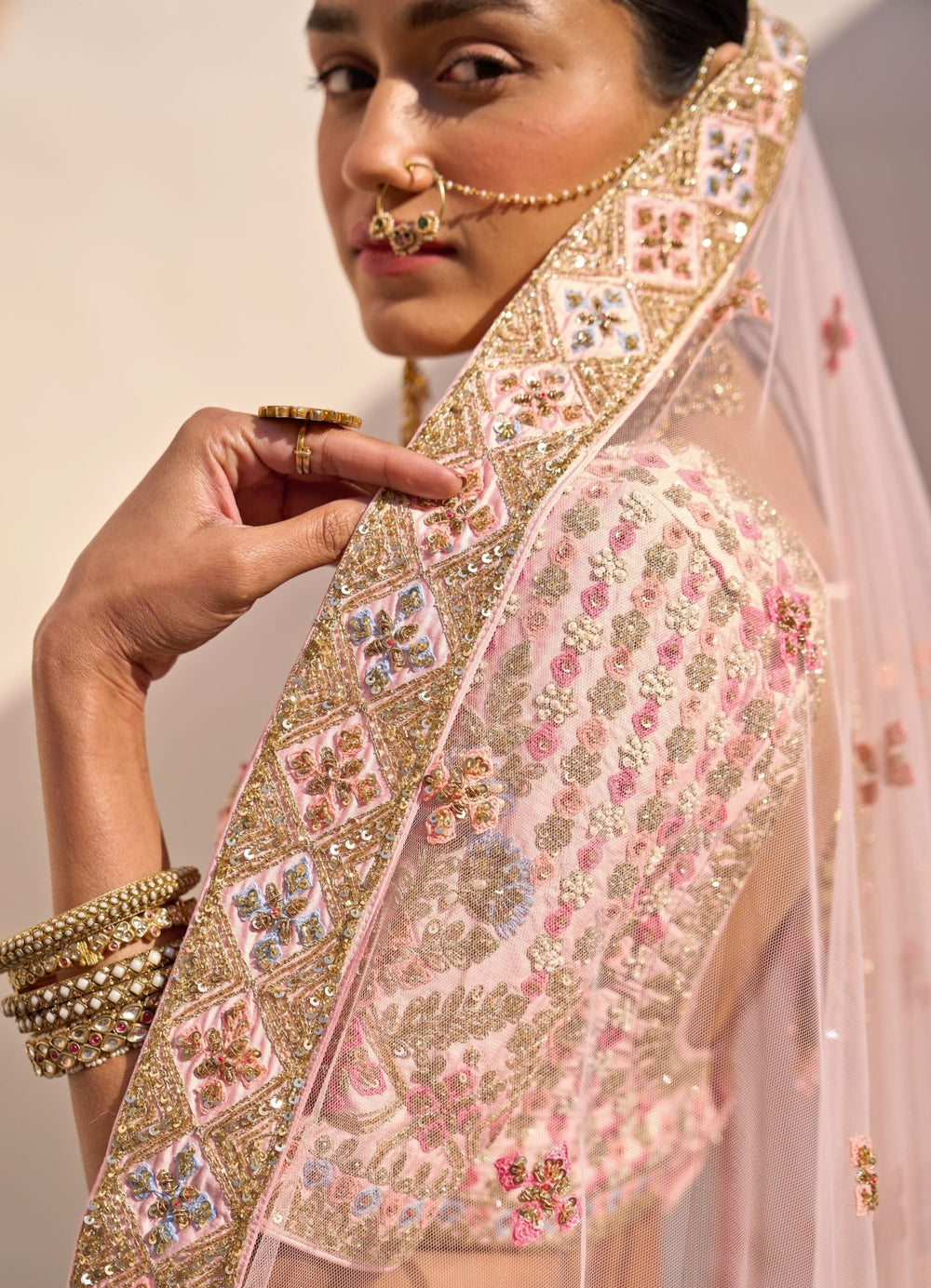 Blush Pink raw Silk Ornate Double Dupatta Lehenga Set Angad Singh - Fabilicious Fashion
