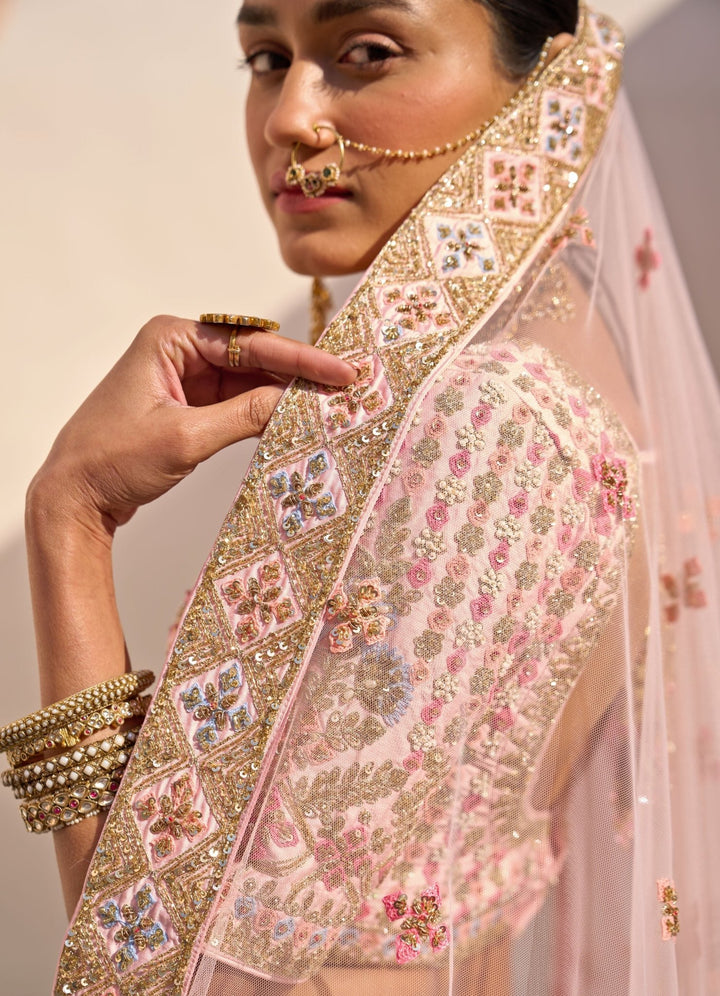 Blush Pink raw Silk Ornate Double Dupatta Lehenga Set Angad Singh - Fabilicious Fashion