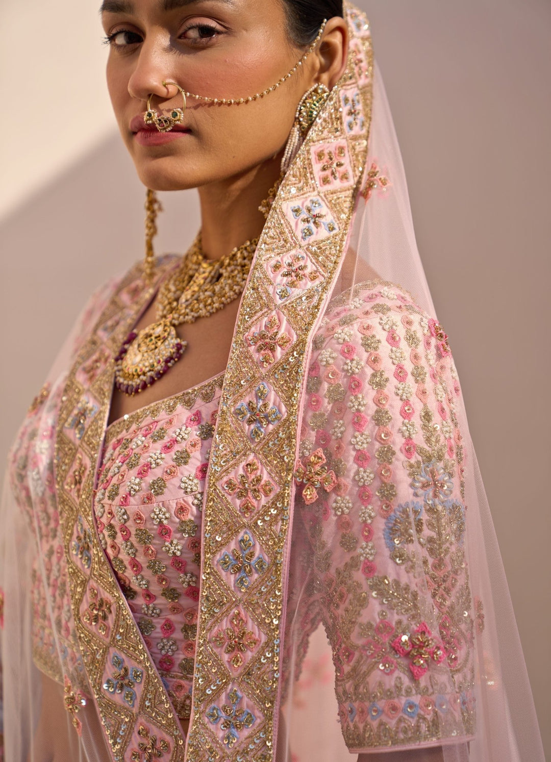 Blush Pink raw Silk Ornate Double Dupatta Lehenga Set Angad Singh - Fabilicious Fashion