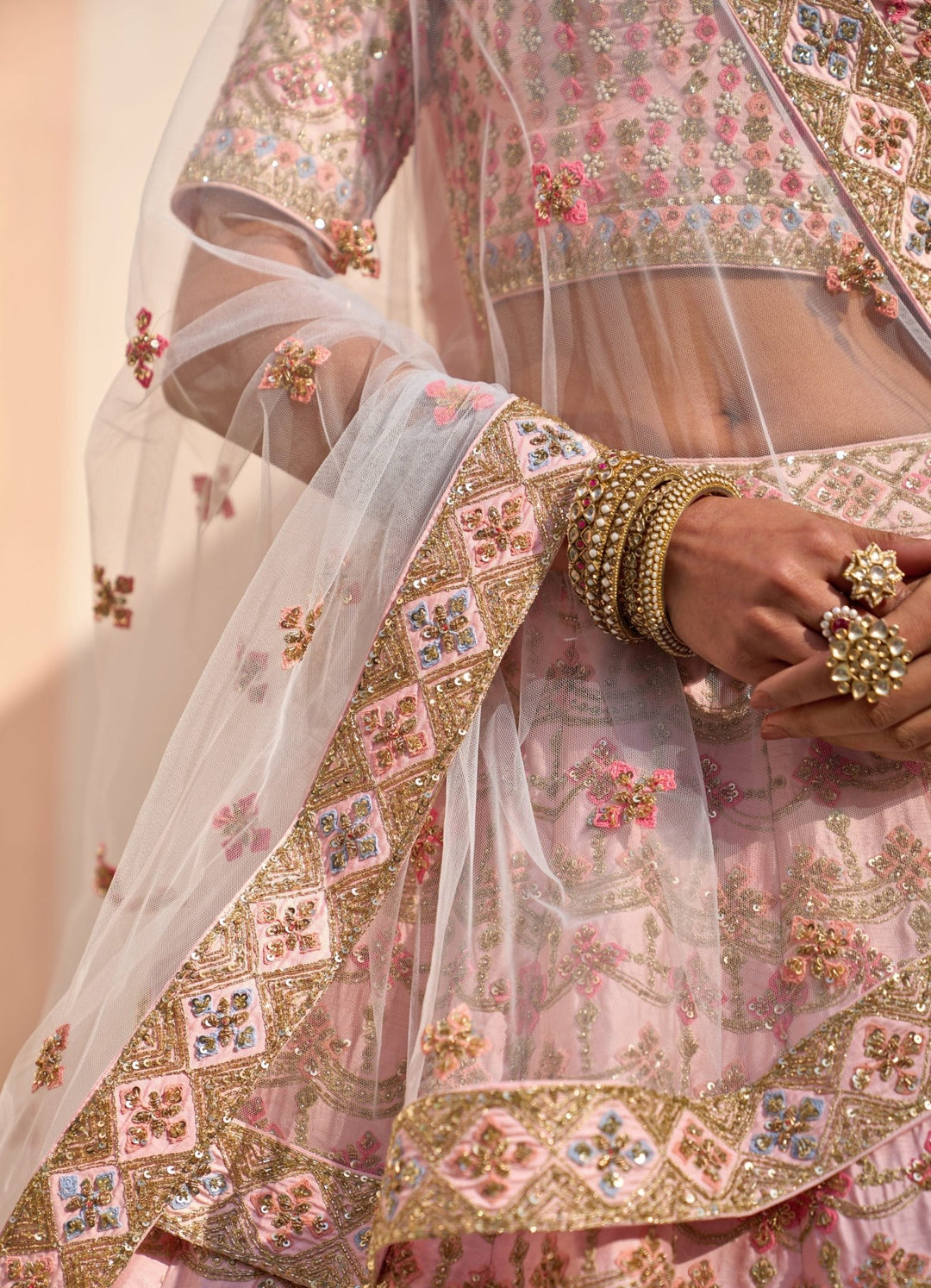Blush Pink raw Silk Ornate Double Dupatta Lehenga Set Angad Singh - Fabilicious Fashion