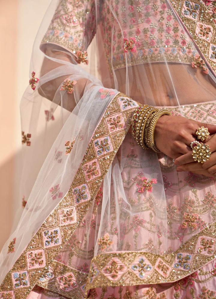 Blush Pink raw Silk Ornate Double Dupatta Lehenga Set Angad Singh - Fabilicious Fashion