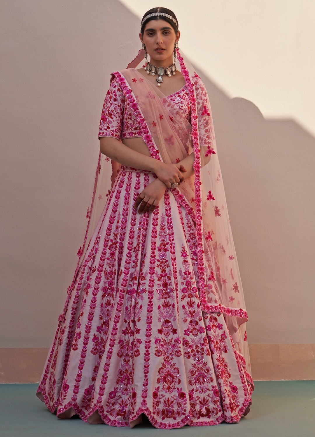 Blush Pink Thread work Double Dupatta Lehenga Set Angad Singh - Fabilicious Fashion