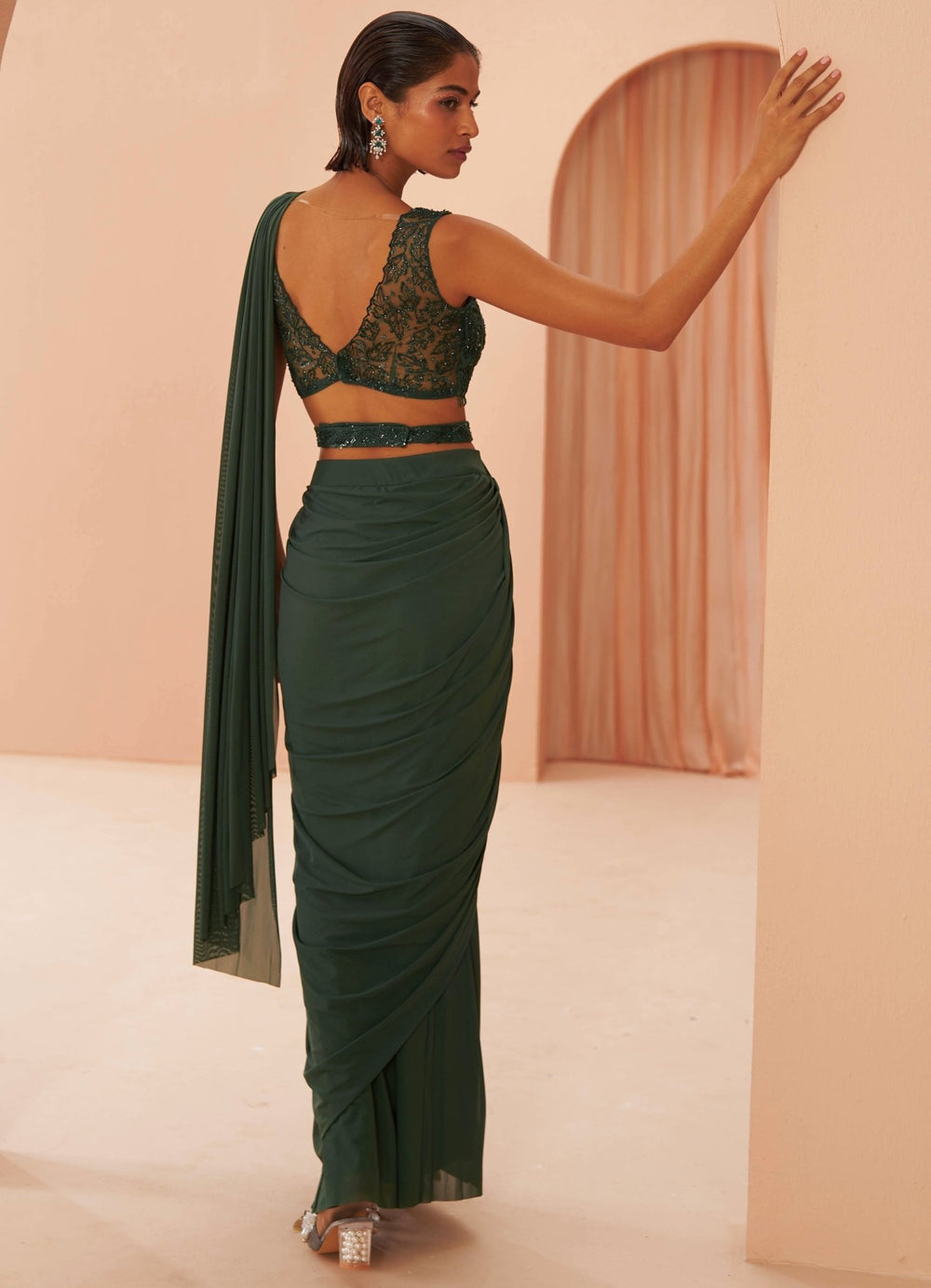 Bottle Green Draped Saree Set Parul Gandhi - Fabilicious Fashion