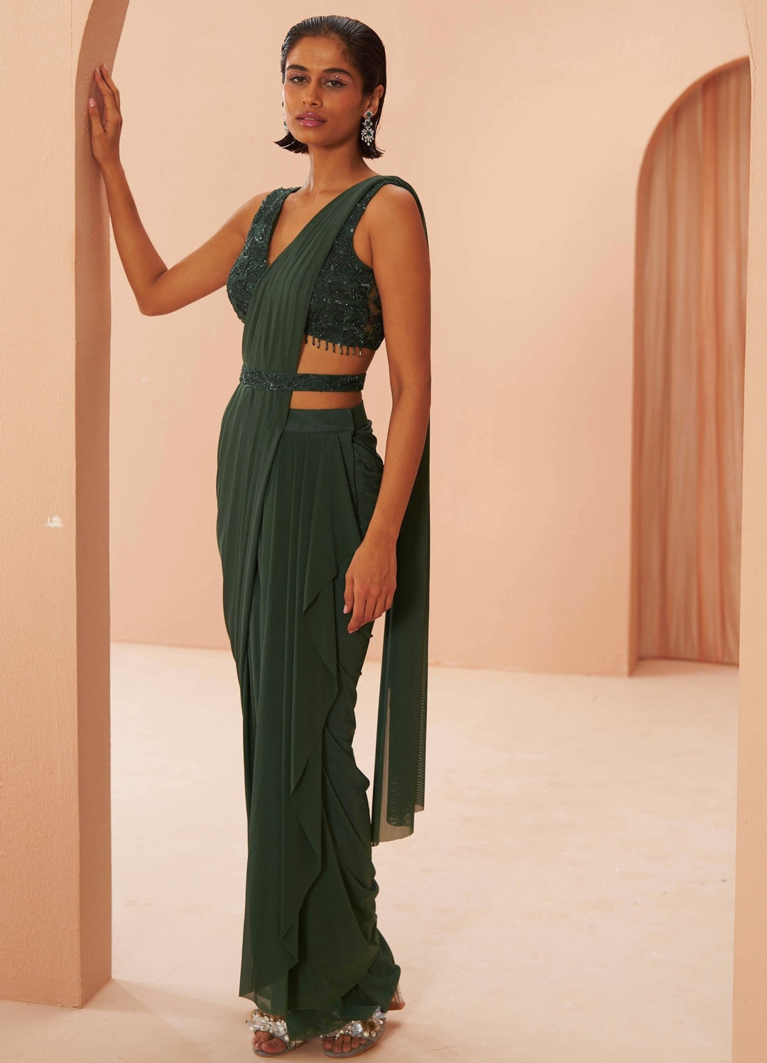Bottle Green Draped Saree Set Parul Gandhi - Fabilicious Fashion