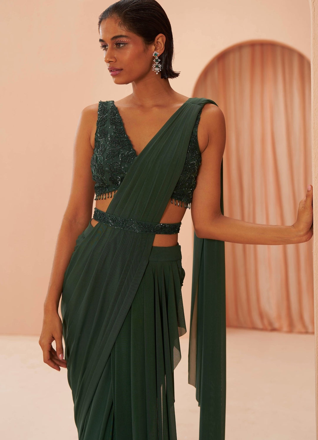 Bottle Green Draped Saree Set Parul Gandhi - Fabilicious Fashion