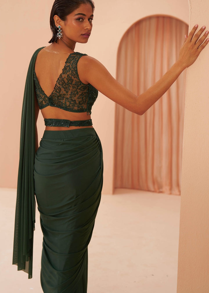 Bottle Green Draped Saree Set Parul Gandhi - Fabilicious Fashion