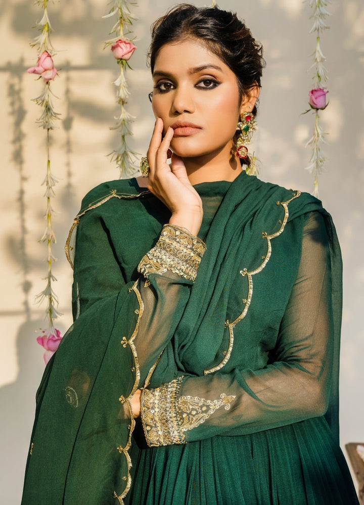 Bottle Green Embellished Georgette Anarkali Set With Dupatta Redpine - Fabilicious Fashion