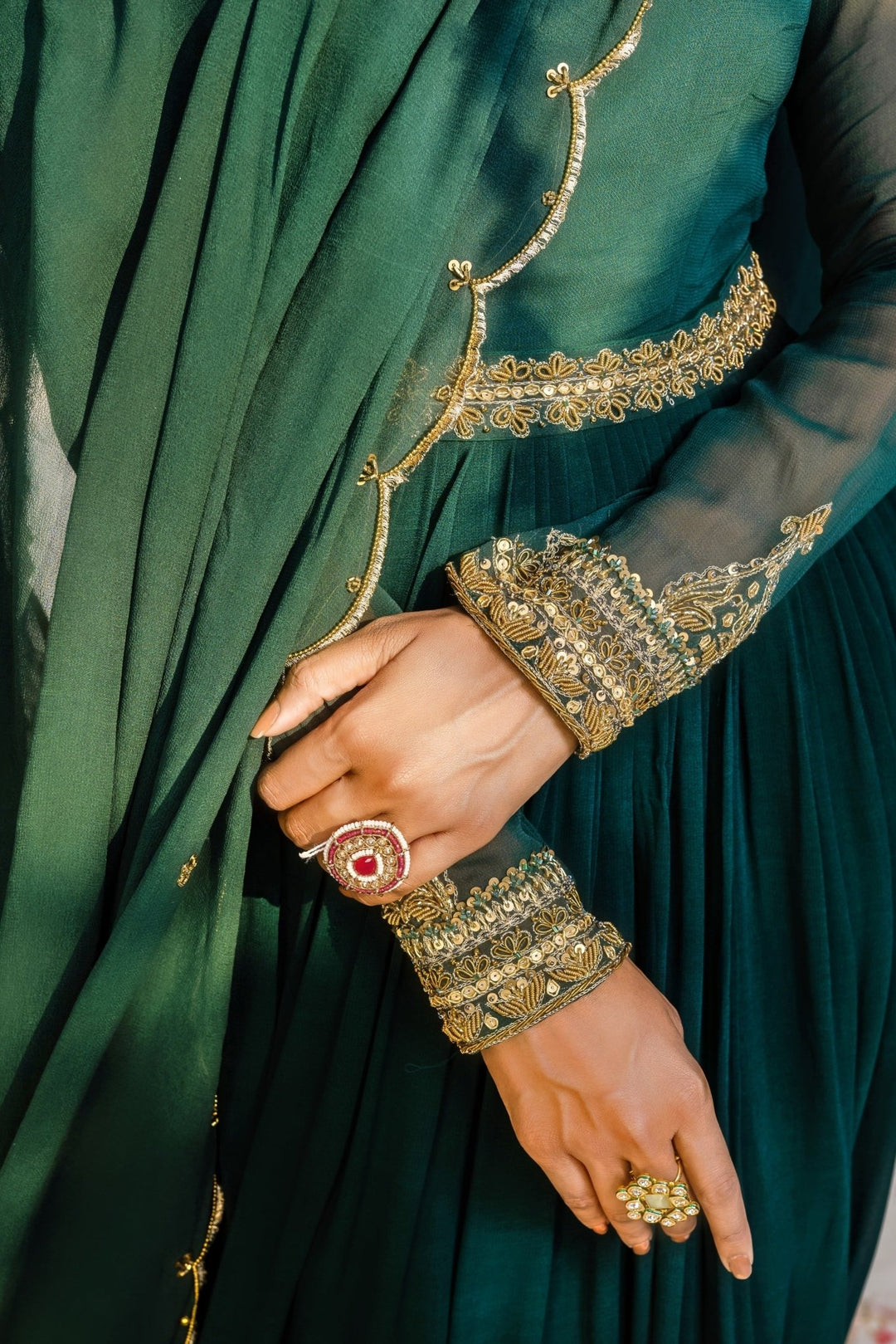 Bottle Green Embellished Georgette Anarkali Set With Dupatta Redpine - Fabilicious Fashion