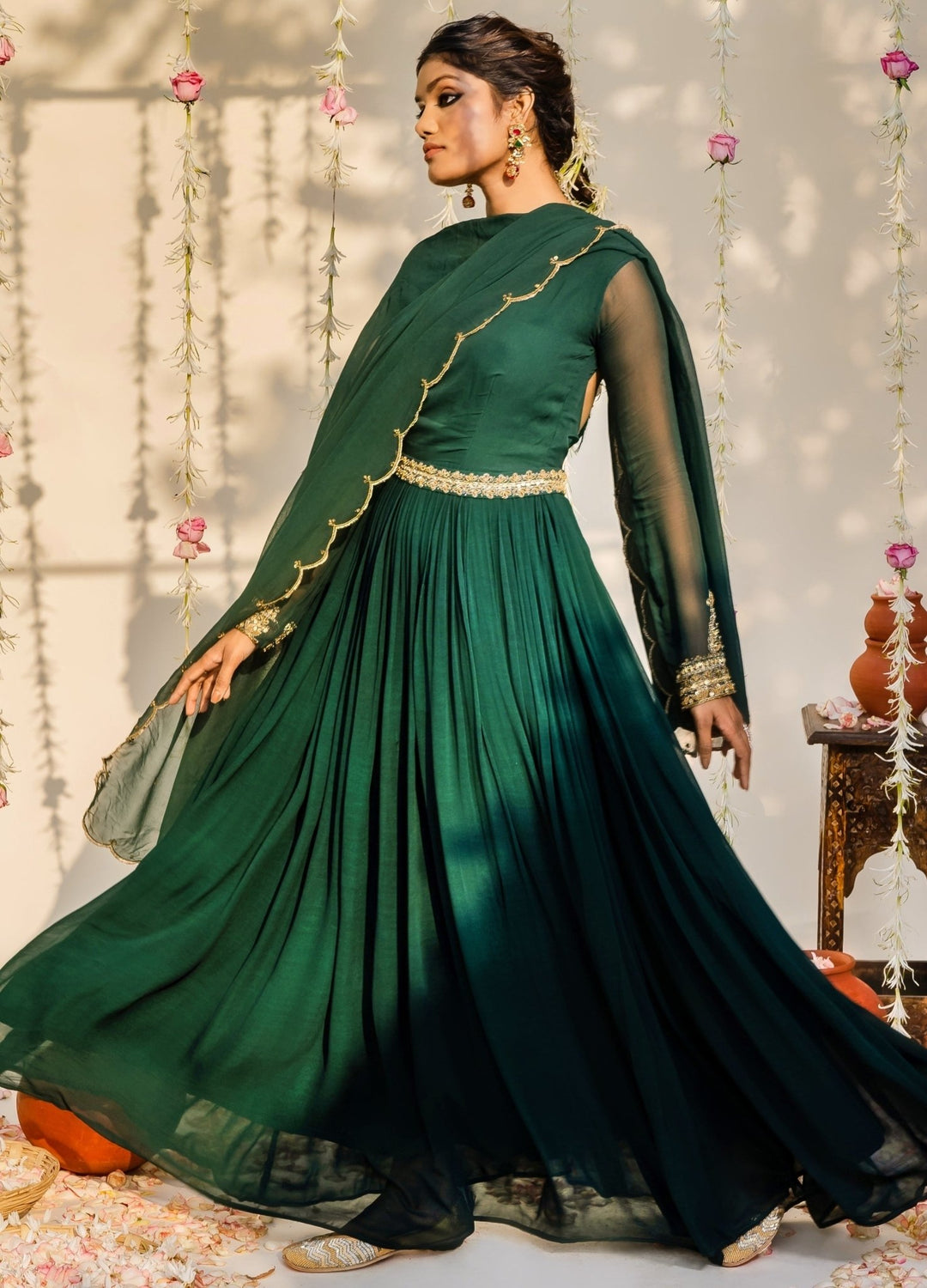 Bottle Green Embellished Georgette Anarkali Set With Dupatta Redpine - Fabilicious Fashion