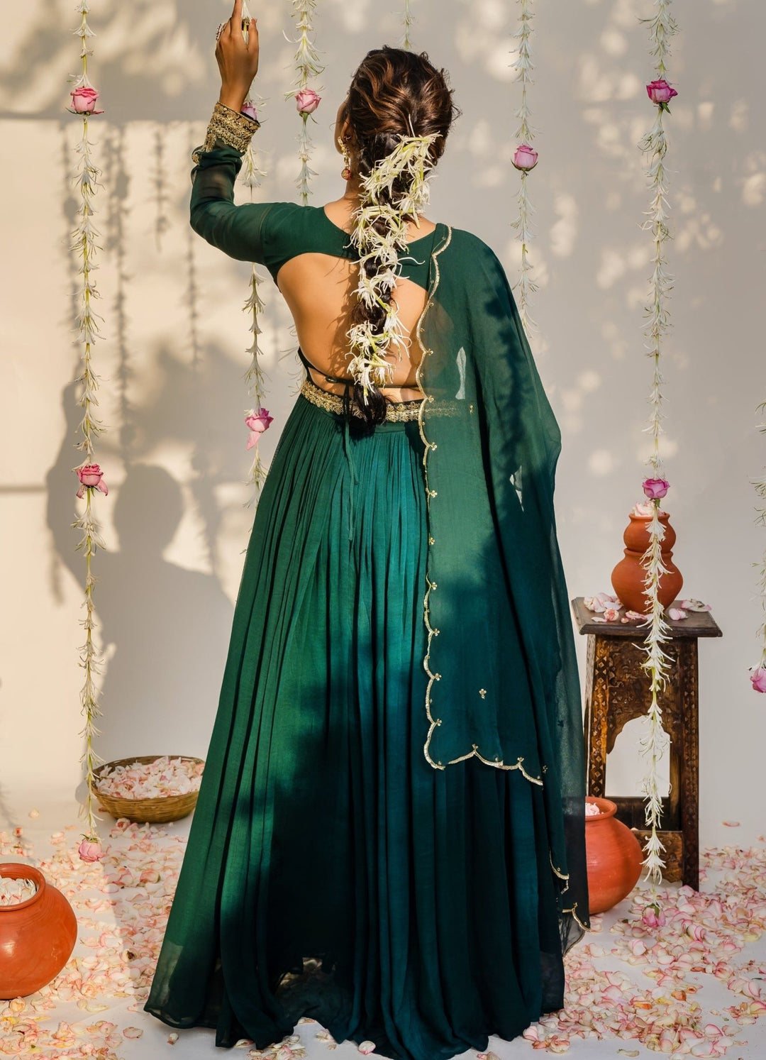 Bottle Green Embellished Georgette Anarkali Set With Dupatta Redpine - Fabilicious Fashion