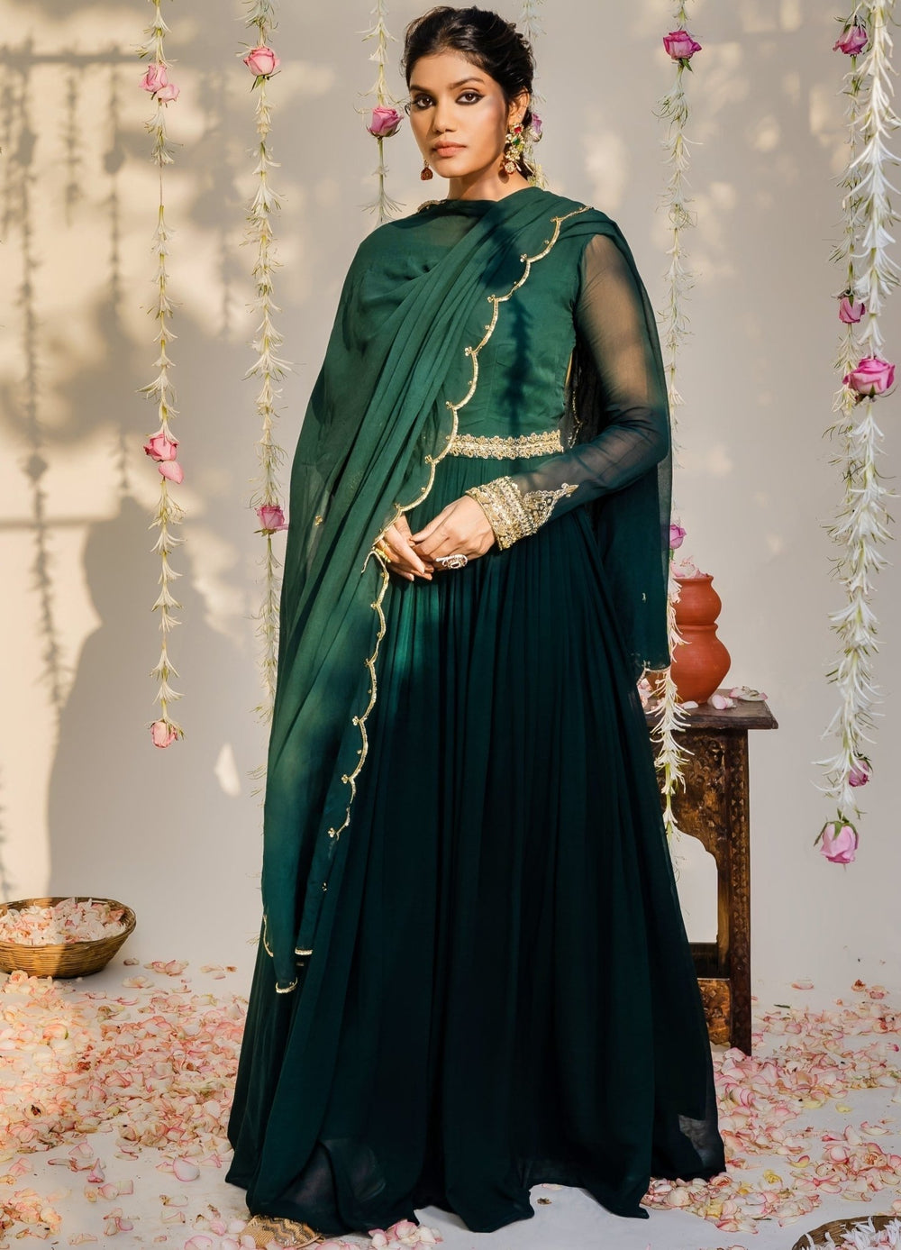 Bottle Green Embellished Georgette Anarkali Set With Dupatta Redpine - Fabilicious Fashion