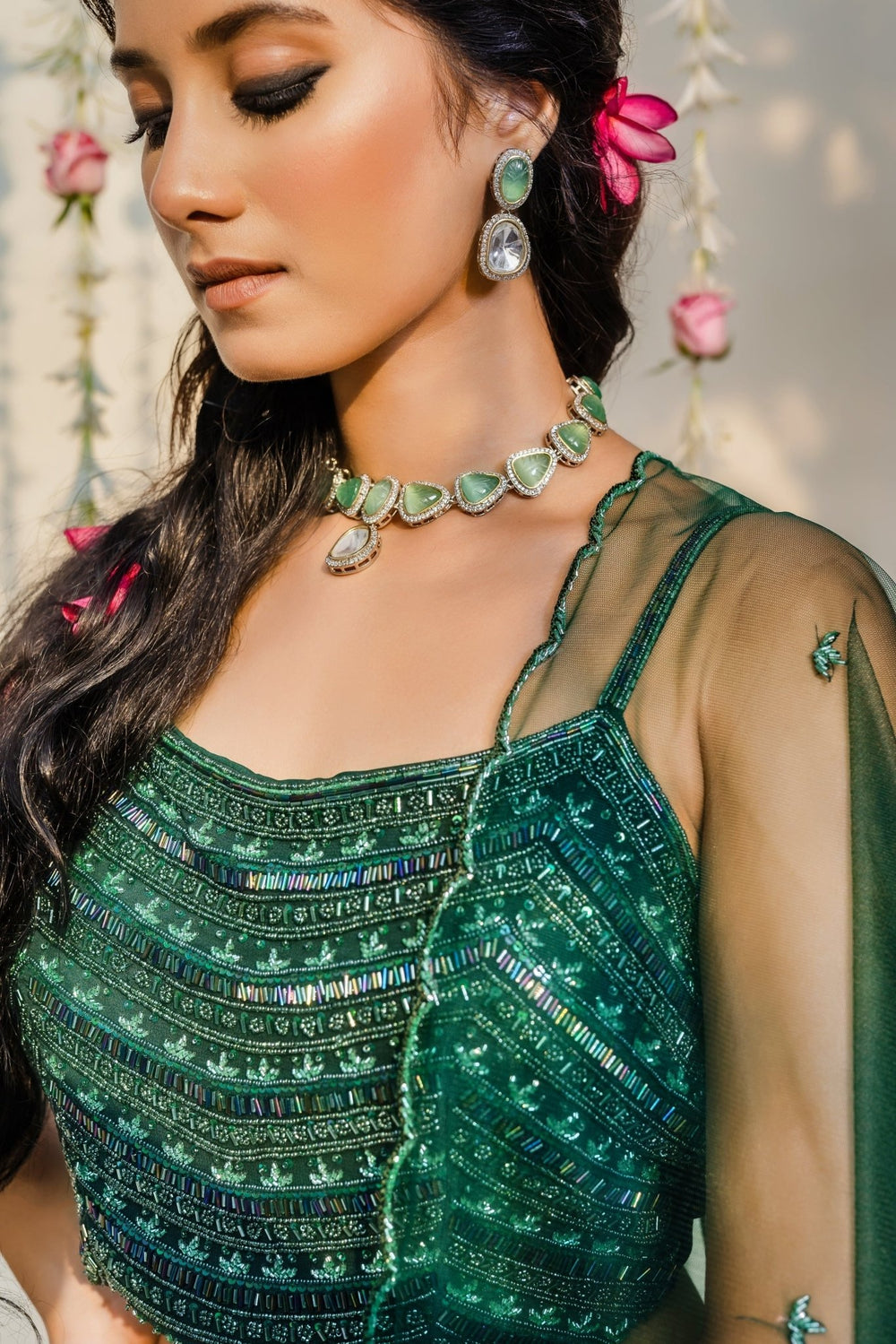 Bottle Green Embellished Layered Georgette Lehenga Set Redpine - Fabilicious Fashion