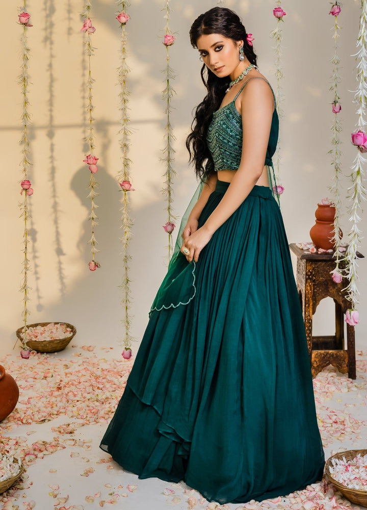 Bottle Green Embellished Layered Georgette Lehenga Set Redpine - Fabilicious Fashion