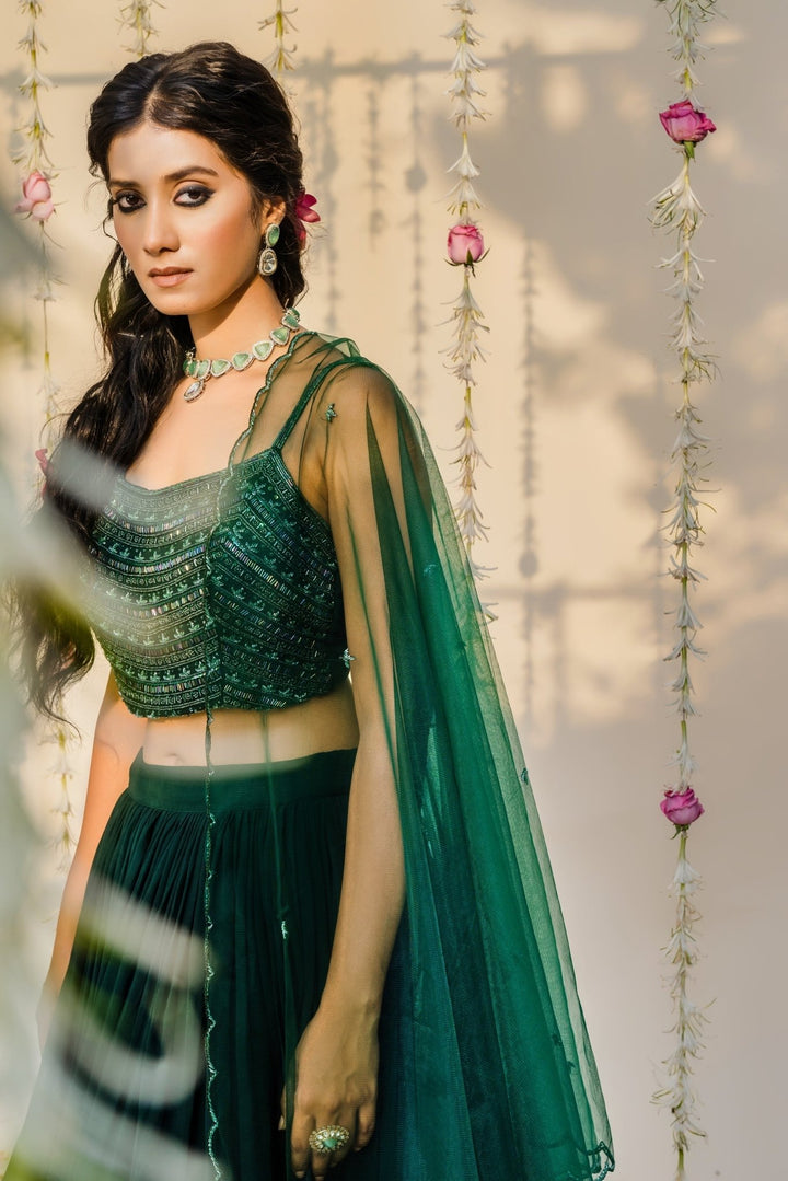 Bottle Green Embellished Layered Georgette Lehenga Set Redpine - Fabilicious Fashion