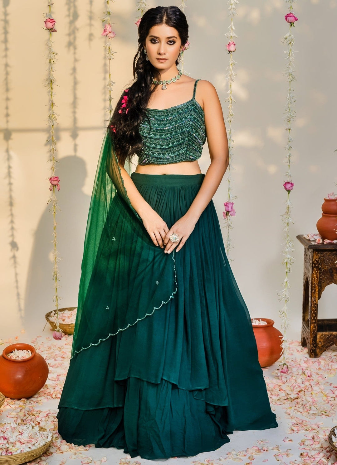 Bottle Green Embellished Layered Georgette Lehenga Set Redpine - Fabilicious Fashion