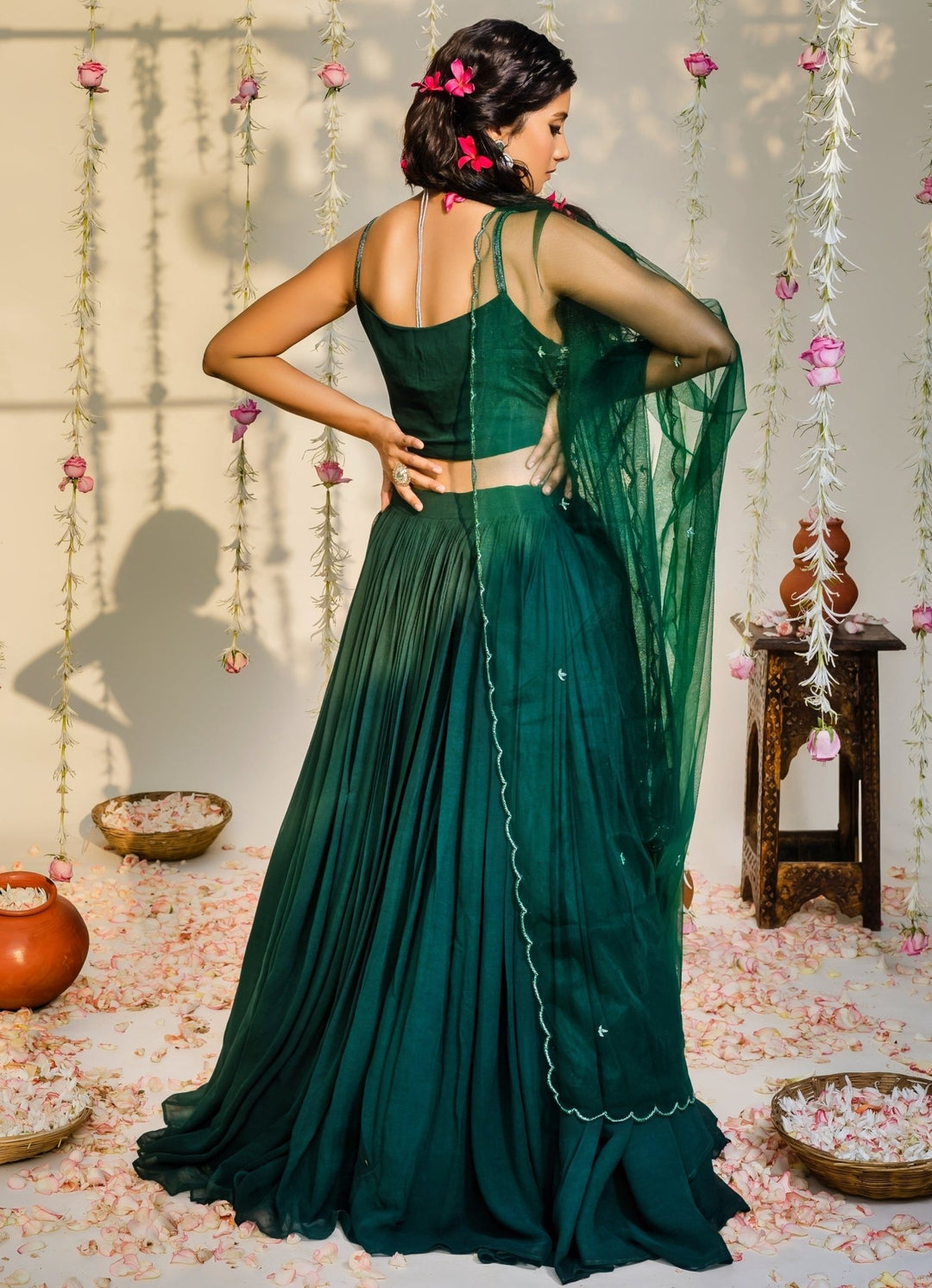 Bottle Green Embellished Layered Georgette Lehenga Set Redpine - Fabilicious Fashion