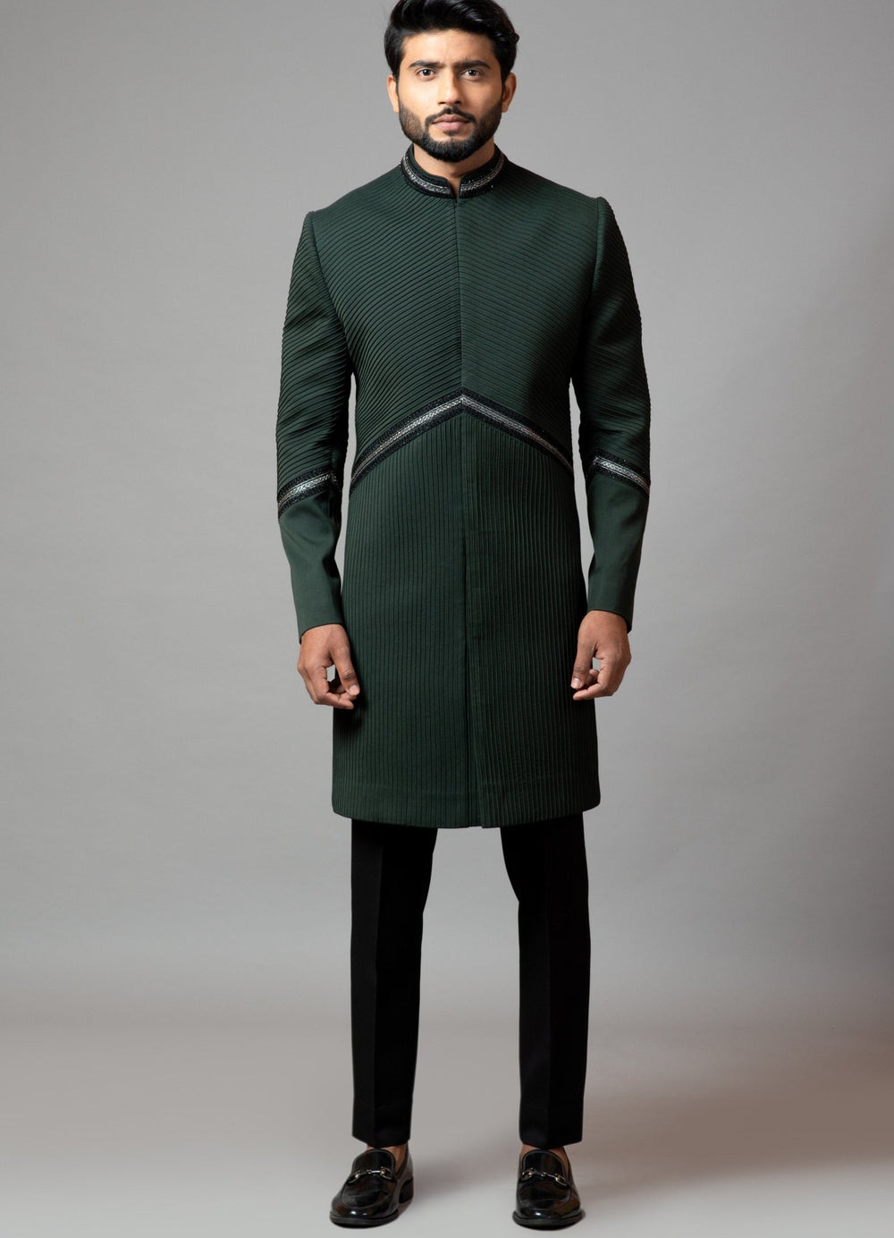 Bottle Green Embroidered Achkan With Pin tucks Smriti - Fabilicious Fashion