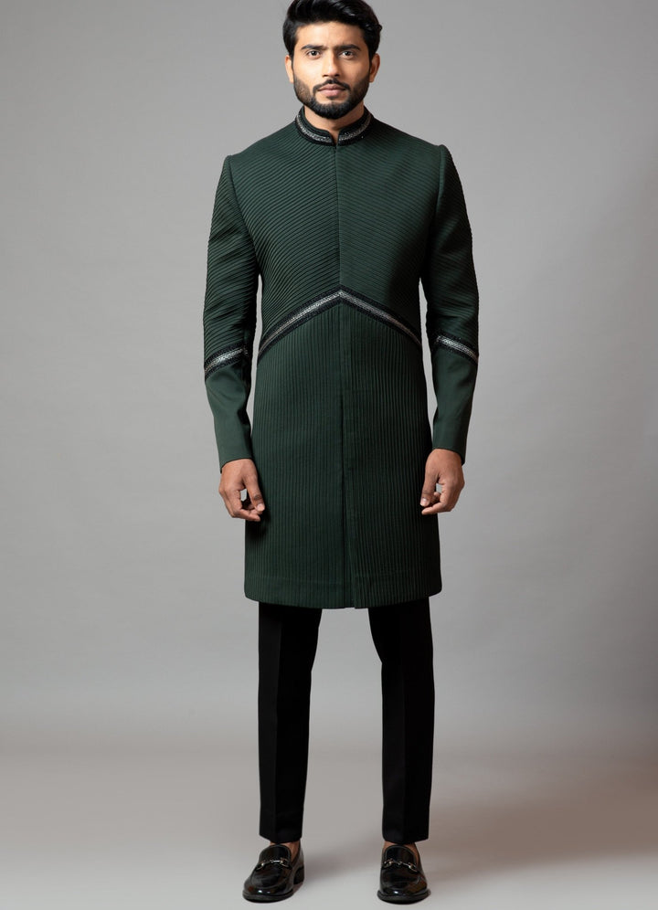 Bottle Green Embroidered Achkan With Pin tucks Smriti - Fabilicious Fashion