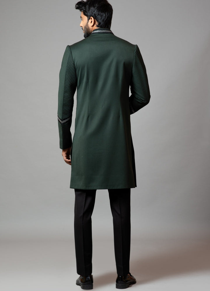 Bottle Green Embroidered Achkan With Pin tucks Smriti - Fabilicious Fashion