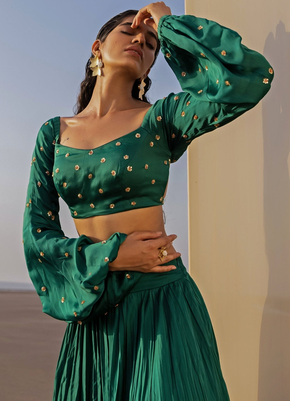 Bottle Green Full Sleeved Lehenga Set With Dupatta Ease - Fabilicious Fashion