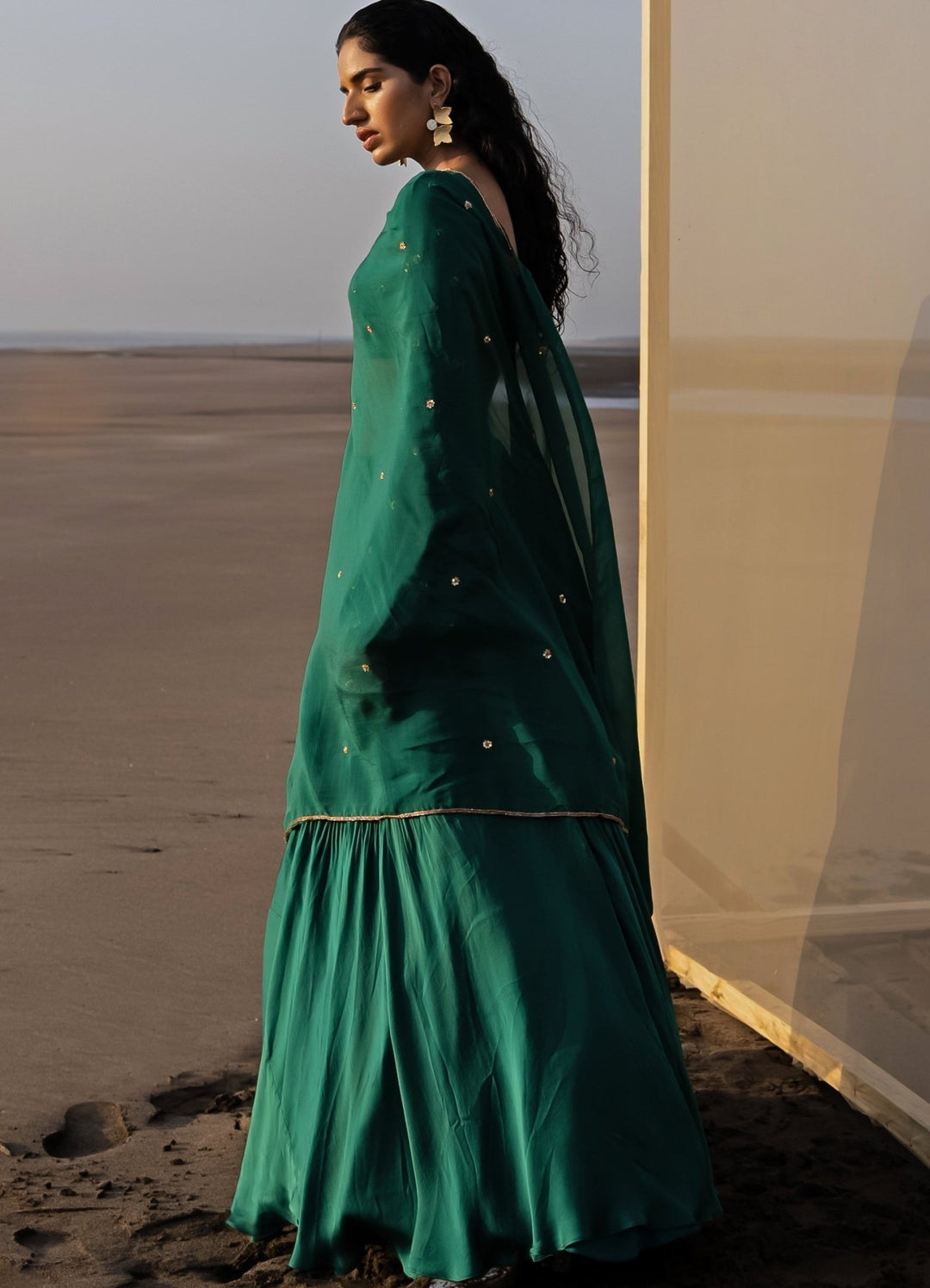 Bottle Green Full Sleeved Lehenga Set With Dupatta Ease - Fabilicious Fashion