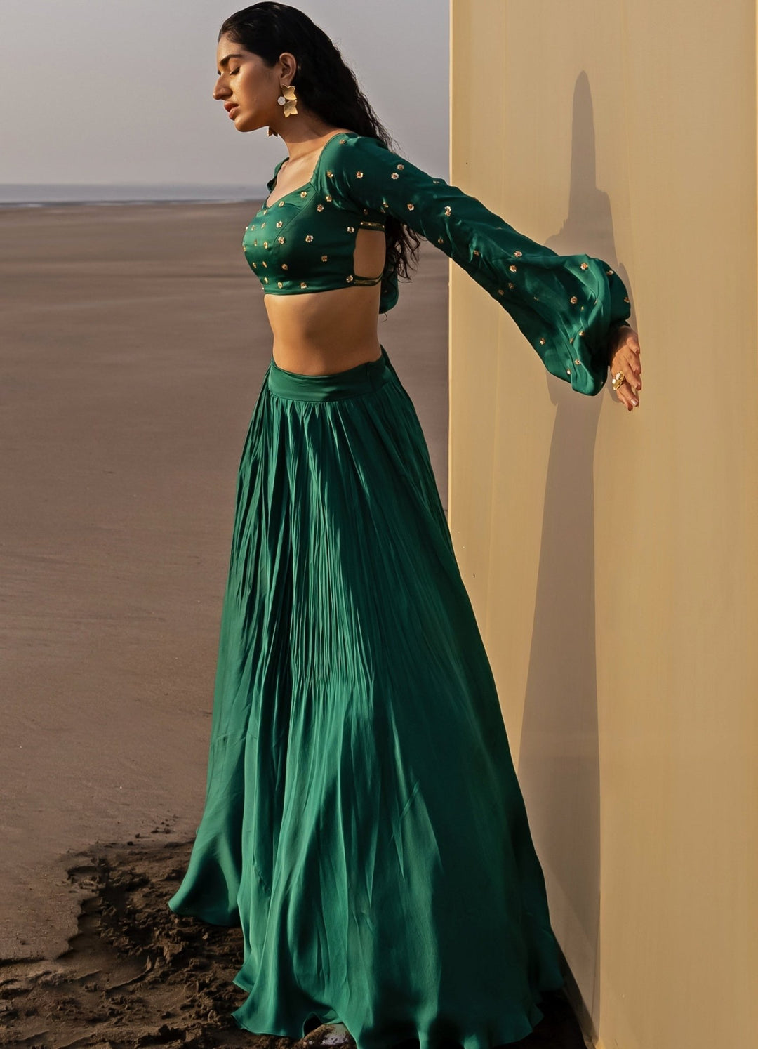 Bottle Green Full Sleeved Lehenga Set With Dupatta Ease - Fabilicious Fashion
