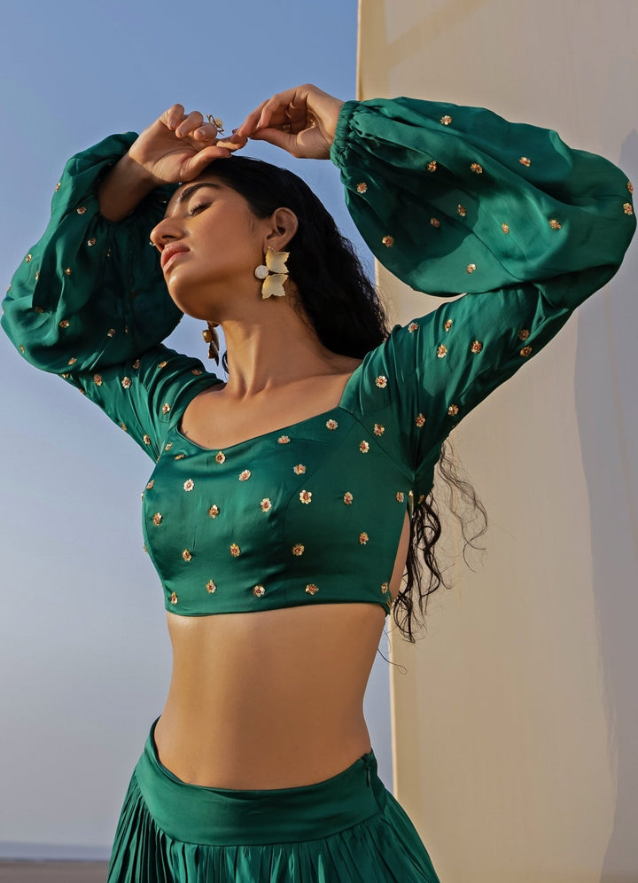 Bottle Green Full Sleeved Lehenga Set With Dupatta Ease - Fabilicious Fashion