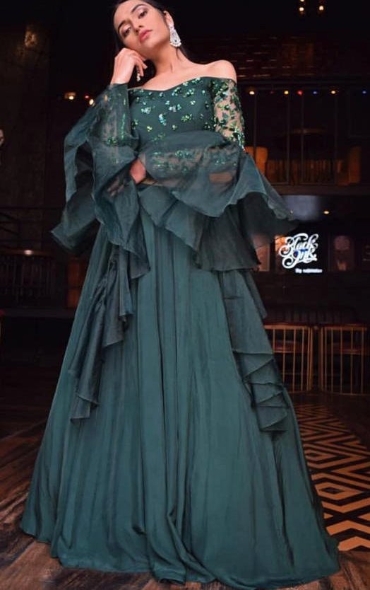 Bottle Green Lehenga with Ruffle Dupatta Parul Gandhi - Fabilicious Fashion