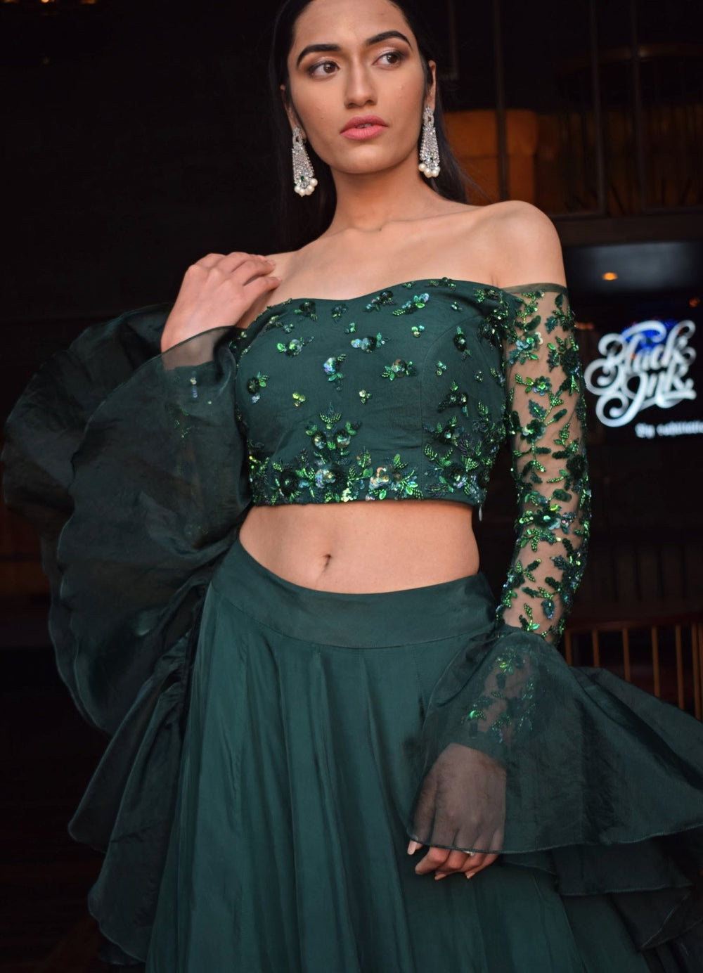 Bottle Green Lehenga with Ruffle Dupatta Parul Gandhi - Fabilicious Fashion