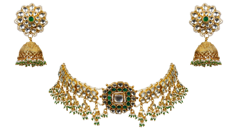 Bracelet Choker With Green Stone And Jhumki Riana by Shikha Jindal - Fabilicious Fashion