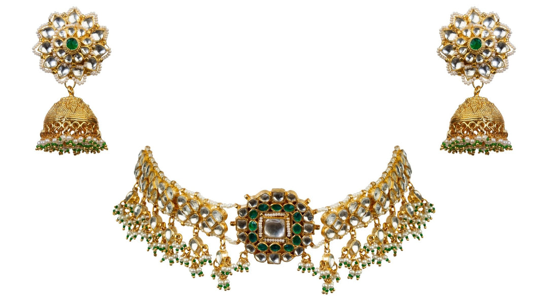 Bracelet Choker With Green Stone And Jhumki Riana by Shikha Jindal - Fabilicious Fashion