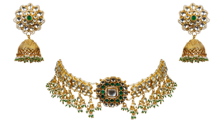 Bracelet Choker With Green Stone And Jhumki Riana by Shikha Jindal - Fabilicious Fashion