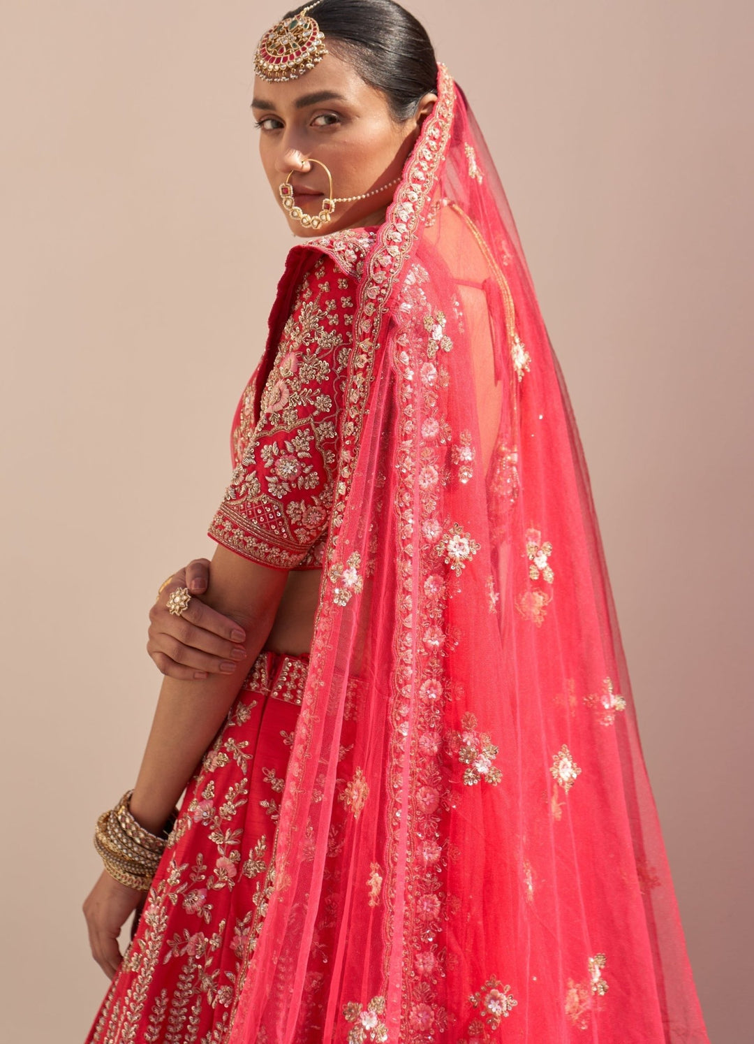 Bridal Red Raw Silk Double Dupatta Lehenga Set Angad Singh - Fabilicious Fashion